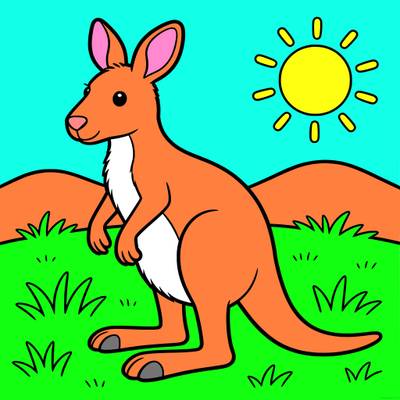Colored version: Simple kangaroo with sun and hills