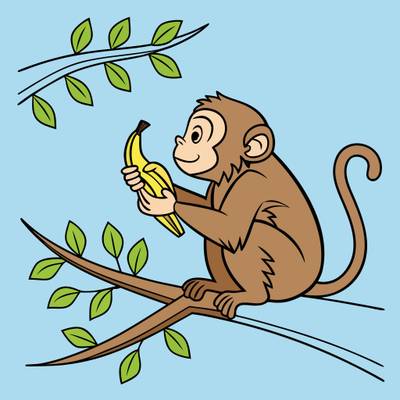 Versione colorata: Scimmia con banana sul ramo
