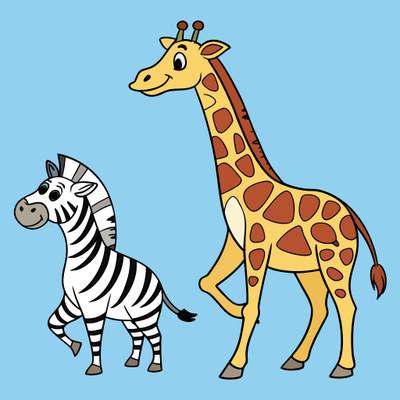 Färglagd version: Tecknad zebra och giraff som vänner