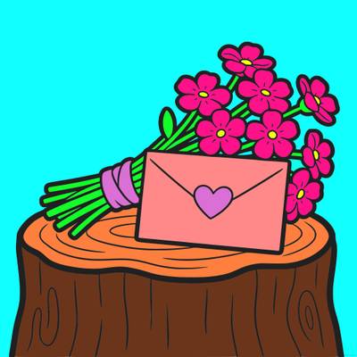 Colored version: Forget-me-nots and love note on stump