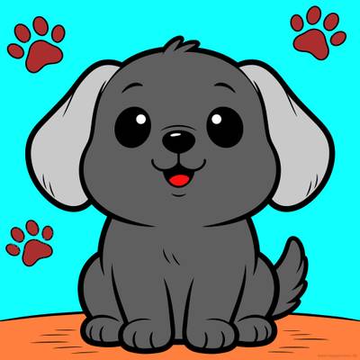 Färglagd version: Kawaii hund med tassavtryck