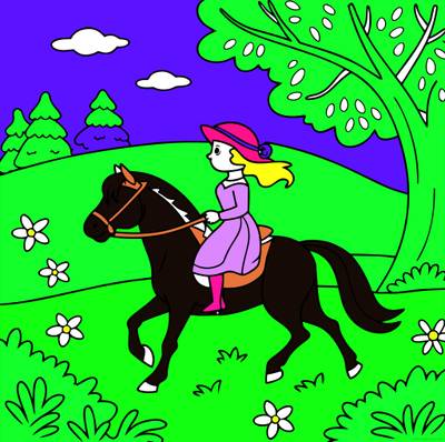 Ingekleurde versie: Prinses te paard bij een boom