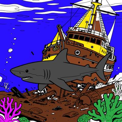 Colored version: Shark swimming past a sunken shipwreck