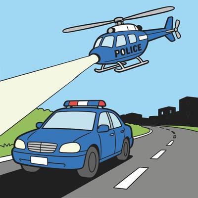 Ingekleurde versie: Politiehelikopter en politiewagen in de nacht