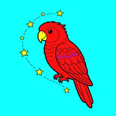 Colored version: Fantasy parrot with a ring of stars