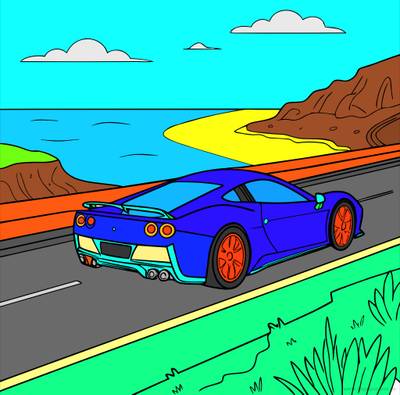 Colored version: Rear-view supercar by the coast