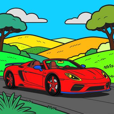 Colored version: Convertible sports car in hills