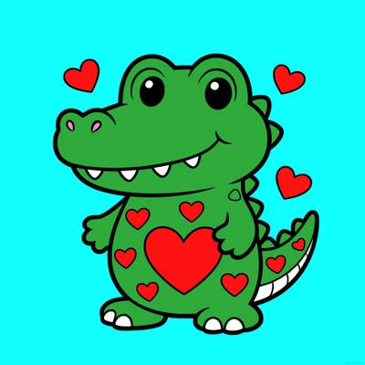 Colored version: Cute baby alligator with hearts