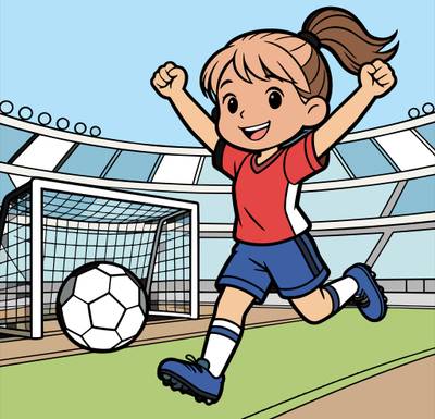 Colored version: Cute girl celebrates a soccer goal