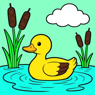 Colored version: Simple duck in a pond with cattails